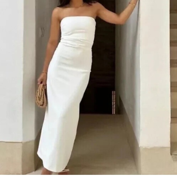 ZARA Oyster White Bandeau Strapless Ruched Back Slit Midi Dress S NWT - Picture 1 of 13